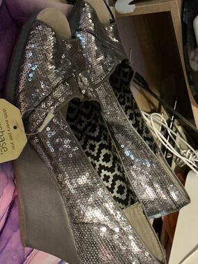 Toms Silver Sequin Wedge Slip-Ons